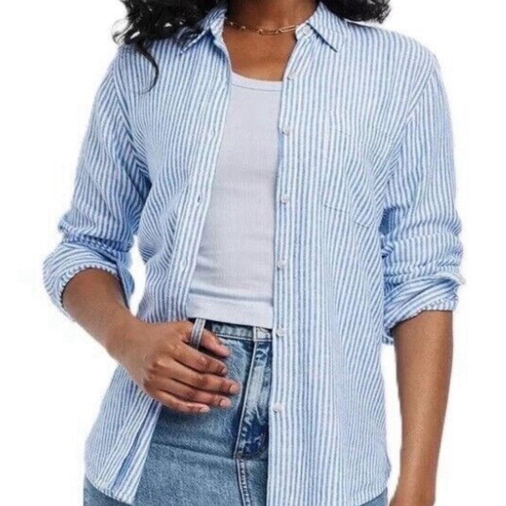 Universal Thread Women's (S) Blue Striped Linen Collared Button Front Shirt NWT